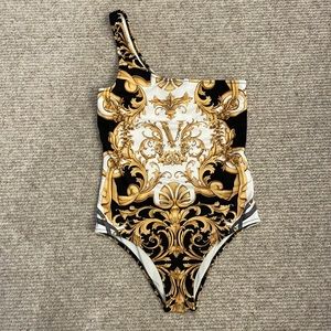 Versace Baroque Asymmetric Swimsuit Black - Kids - Swimsuits | Gold